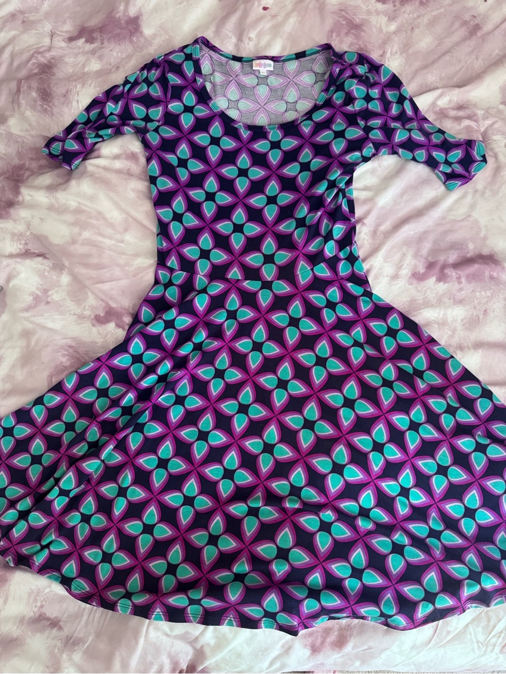 LuLaRoe Nicole Purple and Teal Geometric Long Sleeve Dress